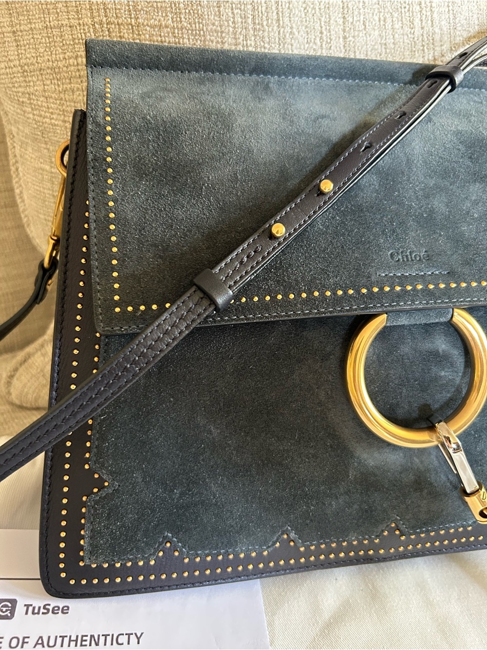 Chloé Navy Medium Studded Faye Suede Shoulder Bag with Gold Ring & Chain - Picture 13 of 16